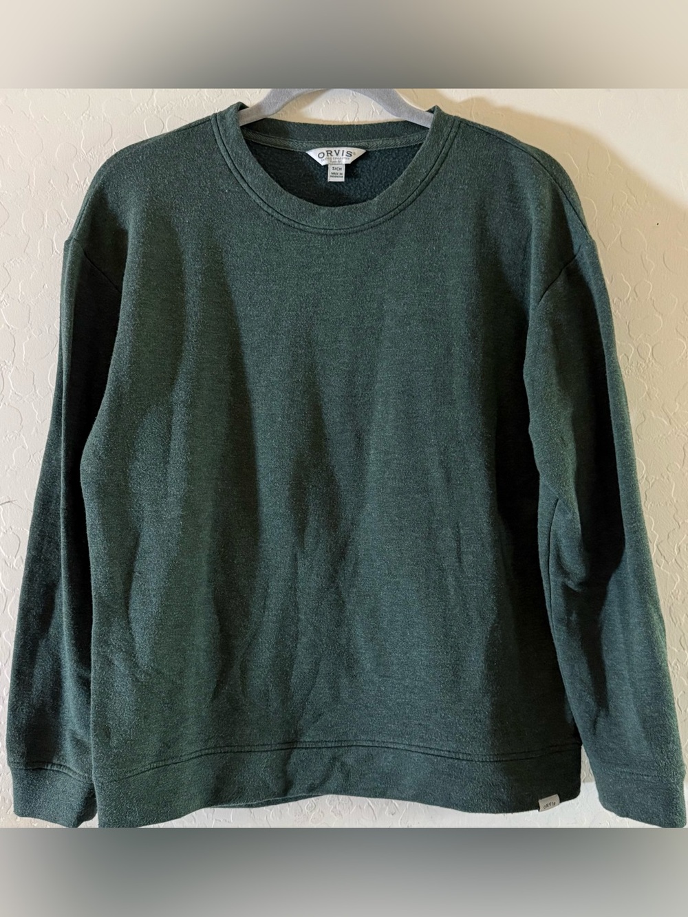 Orvis, small, crewneck dark green sweatshirt